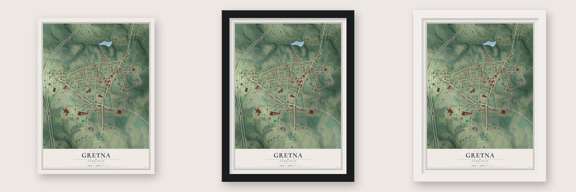 Gretna, Virginia map unframed, in a black wood frame and in a white wood frame