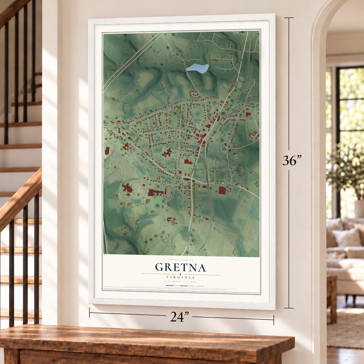 Gretna, Virginia map, 24 x 36 inch print in a white frame by a staircase