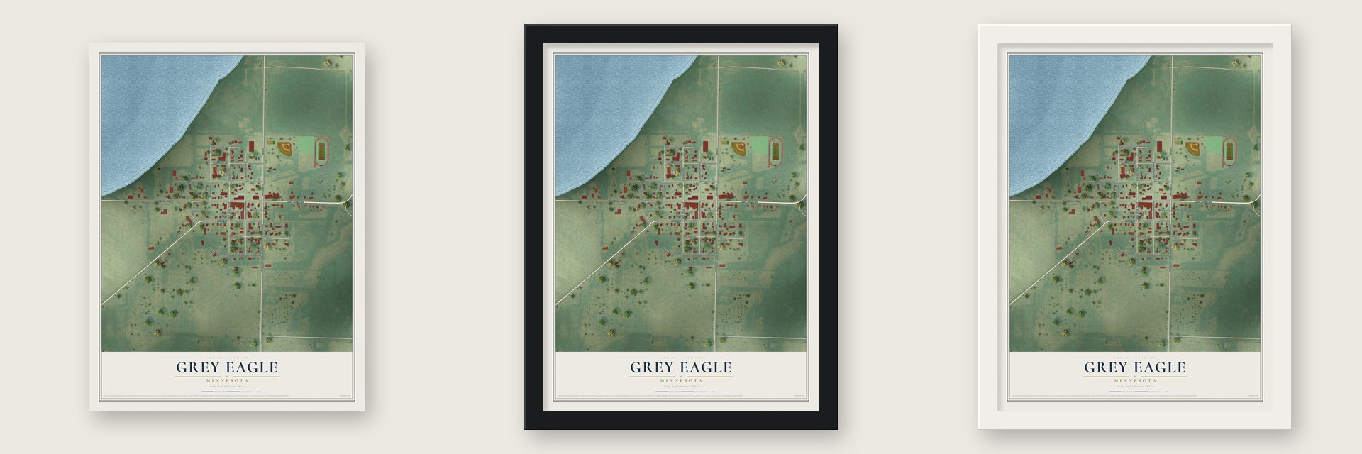 Grey Eagle, Minnesota map unframed, in a black wood frame and in a white wood frame