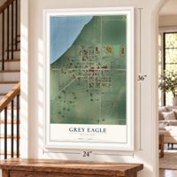Grey Eagle, Minnesota map, 24 x 36 inch print in a white frame by a staircase