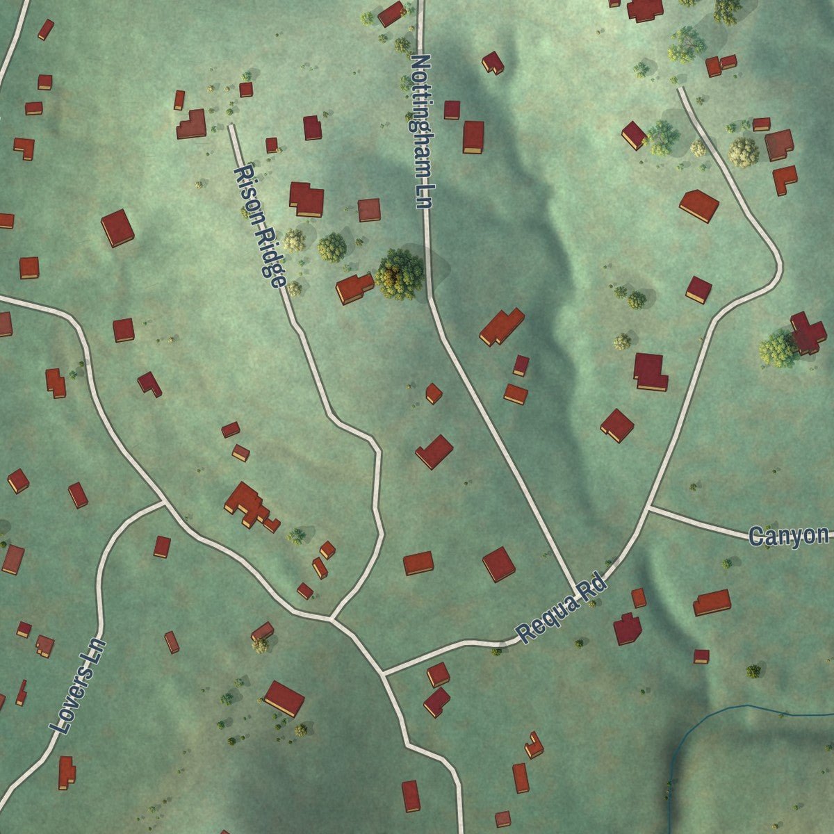 Second close-up of the map of Grey Forest, Texas print showing more streets and buildings