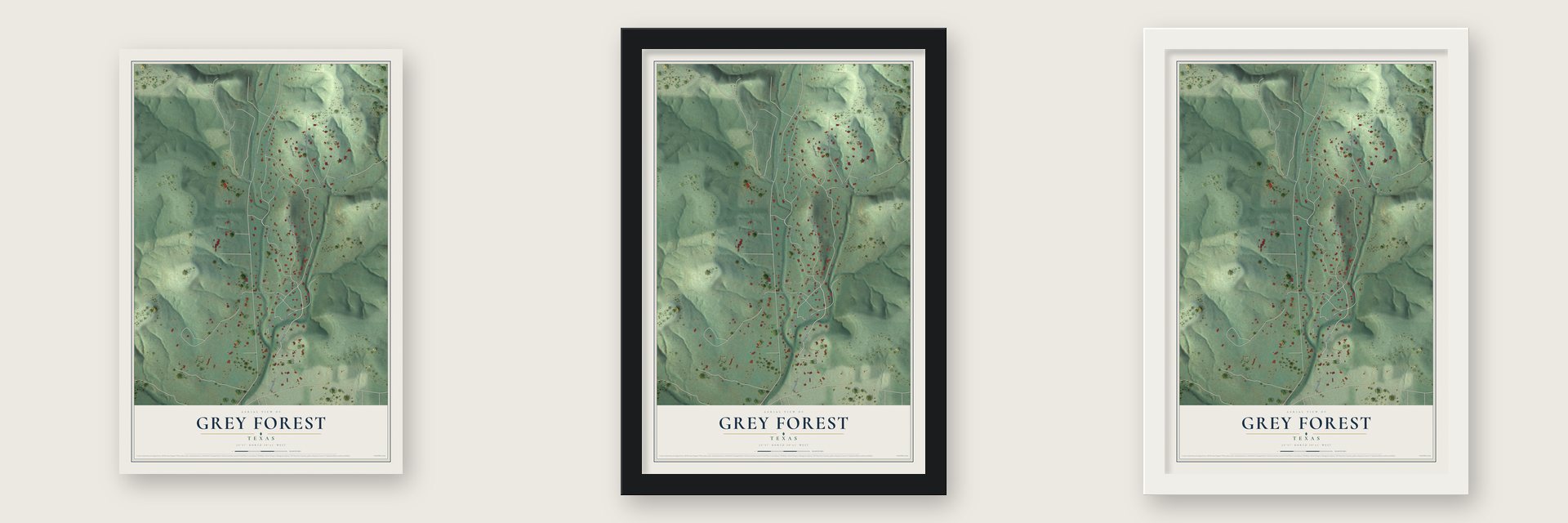Grey Forest, Texas map unframed, in a black wood frame and in a white wood frame