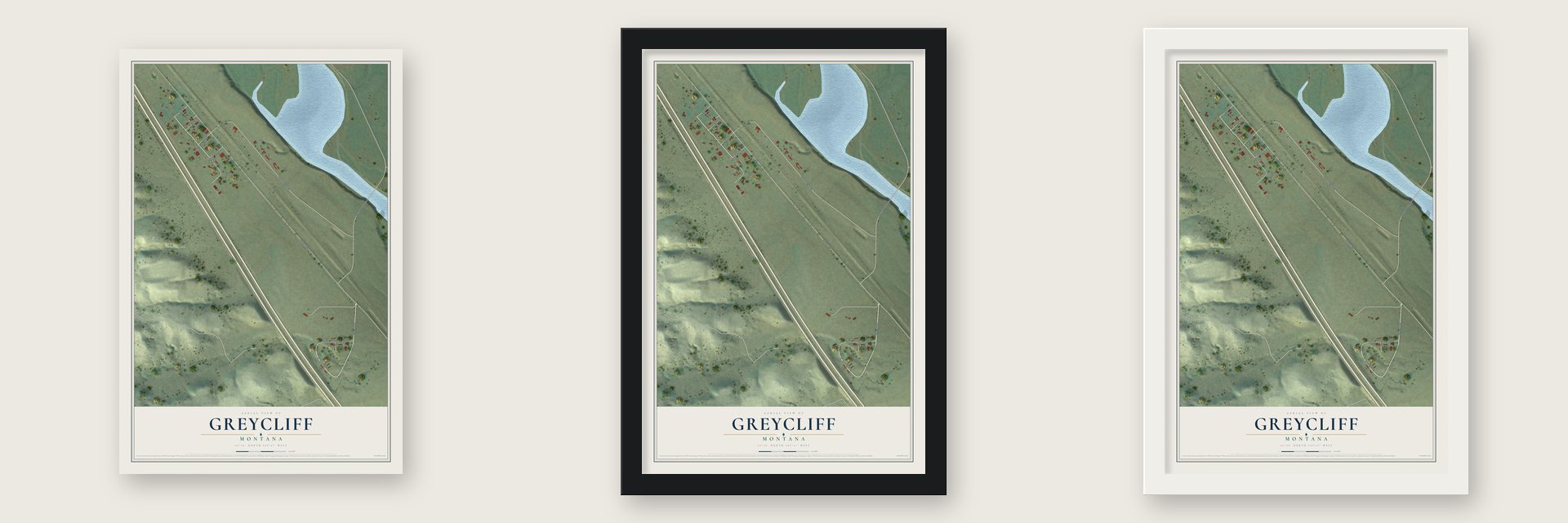 Greycliff, Montana map unframed, in a black wood frame and in a white wood frame