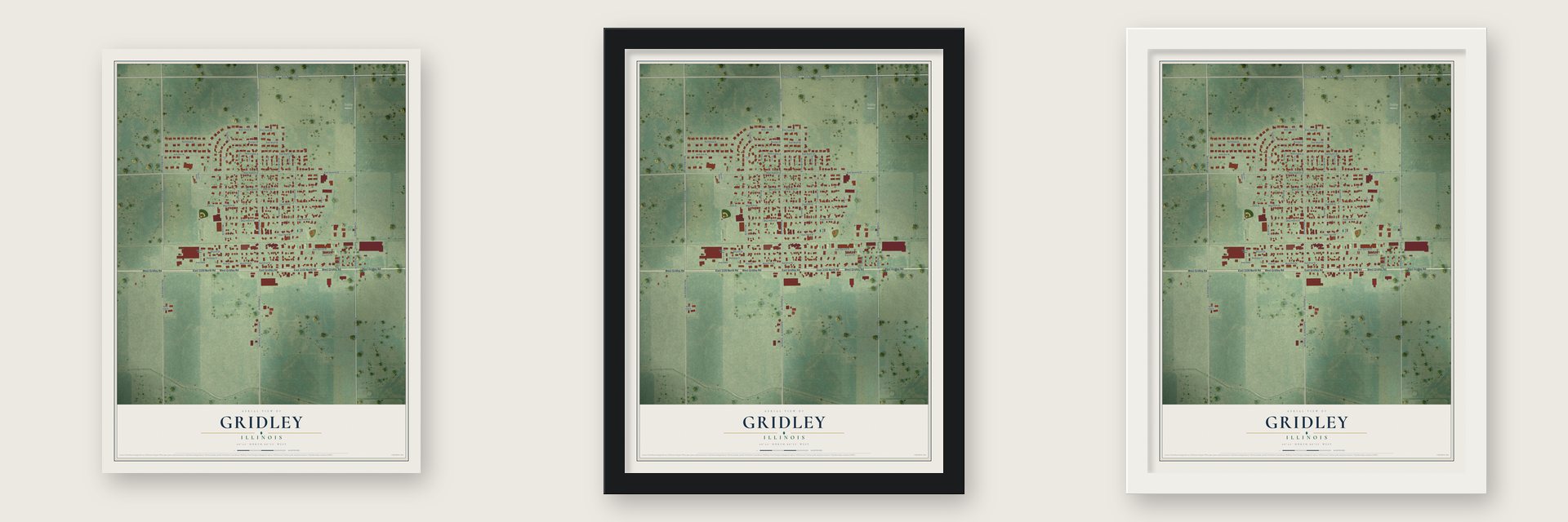Gridley, Illinois map unframed, in a black wood frame and in a white wood frame
