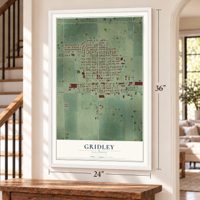 Gridley, Illinois map, 24 x 36 inch print in a white frame by a staircase