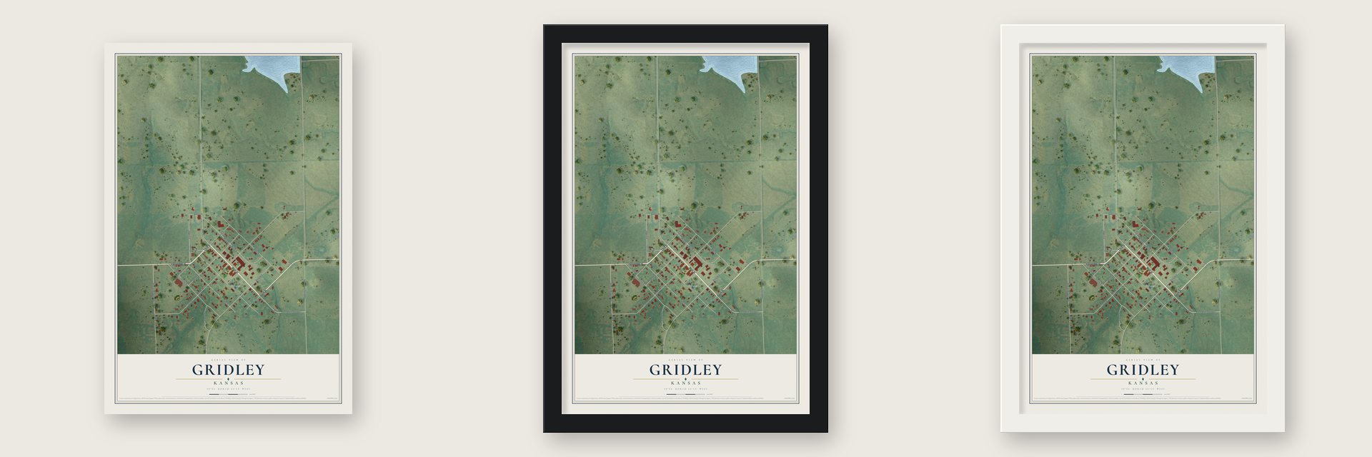 Gridley, Kansas map unframed, in a black wood frame and in a white wood frame