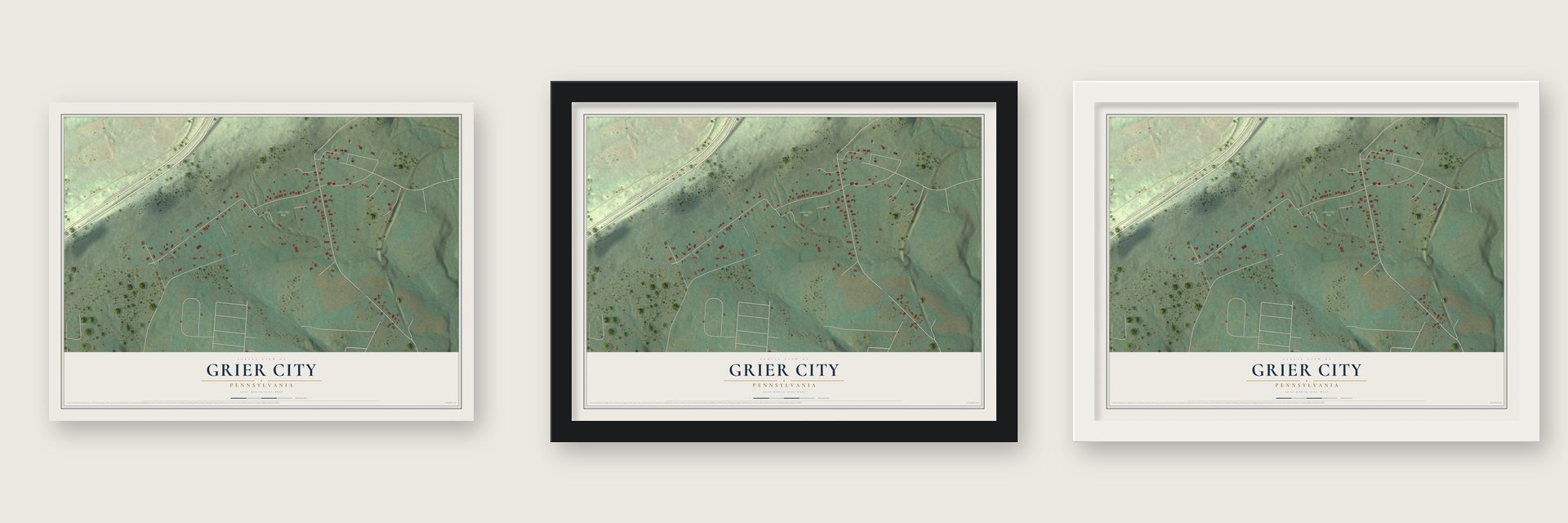 Grier City, Pennsylvania map unframed, in a black wood frame and in a white wood frame