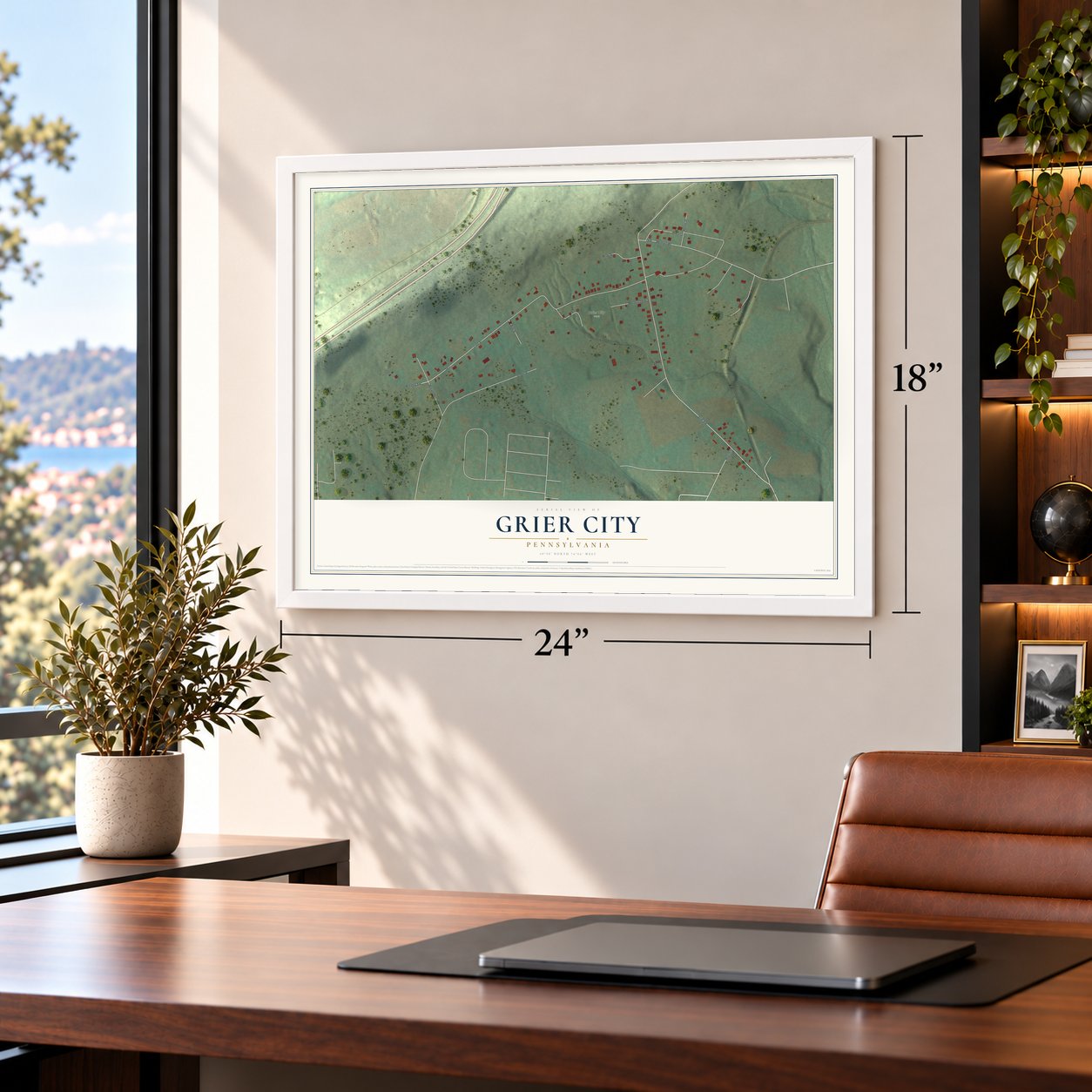 Grier City, Pennsylvania map, 18 x 24 inch print in a white frame in a home office