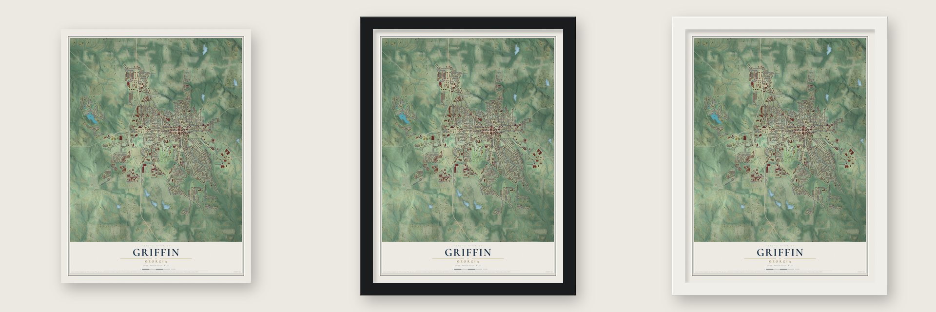 Griffin, Georgia map unframed, in a black wood frame and in a white wood frame