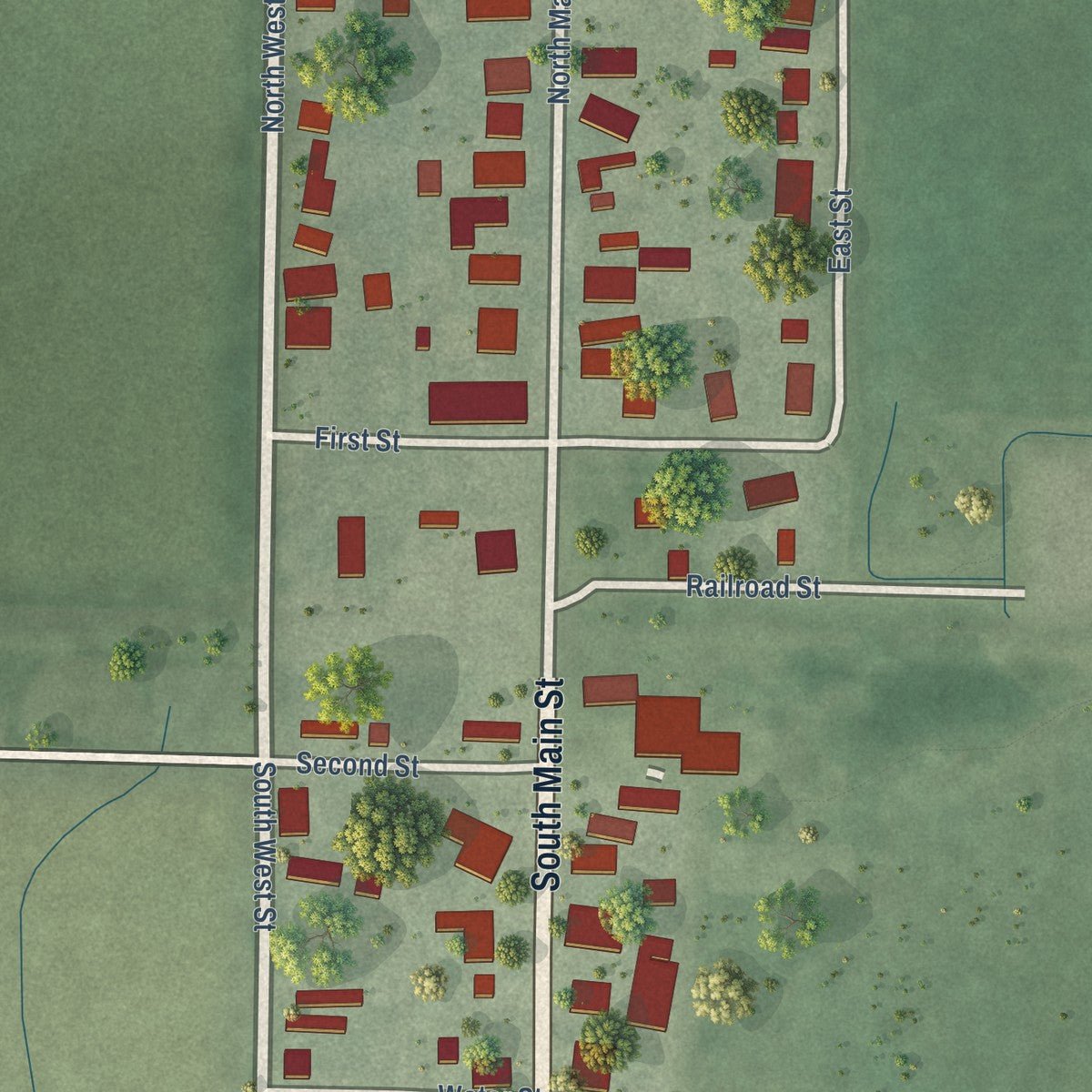 Second close-up of the map of Griffin, Indiana print showing more streets and buildings
