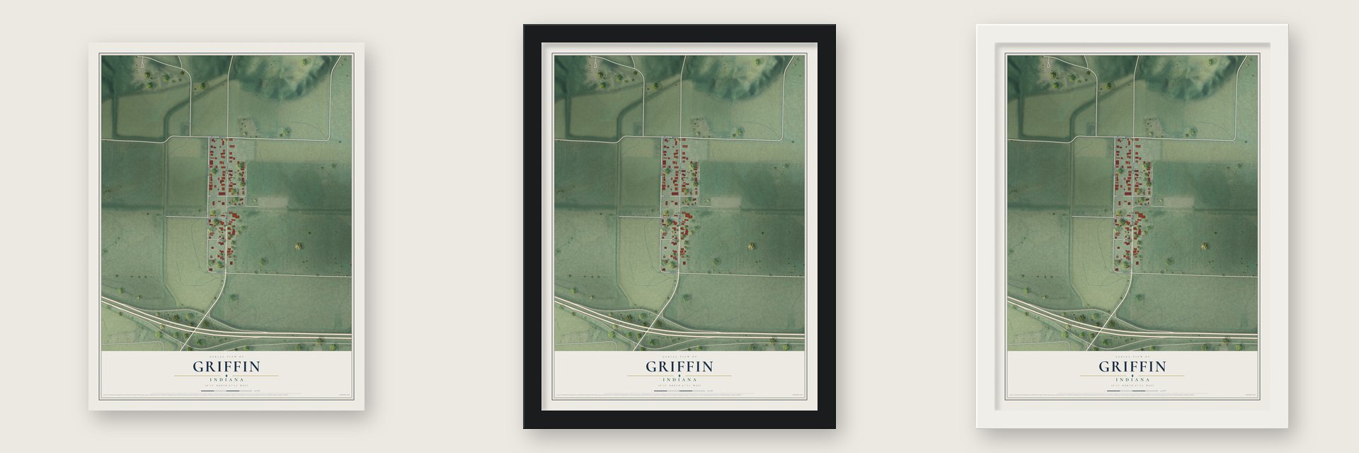 Griffin, Indiana map unframed, in a black wood frame and in a white wood frame