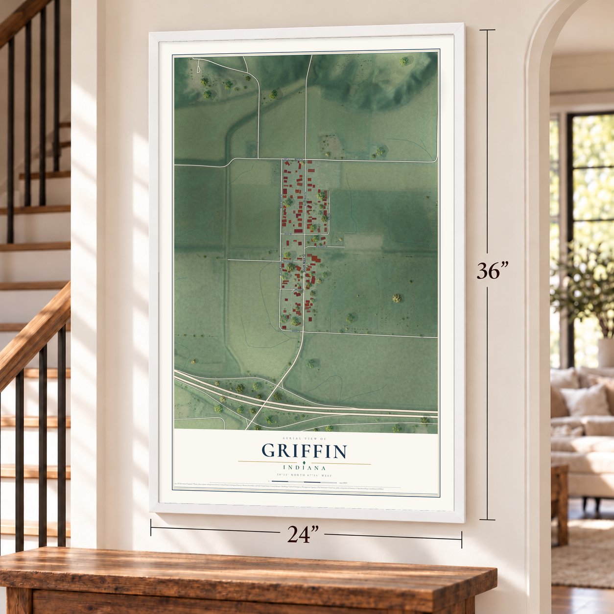 Griffin, Indiana map, 24 x 36 inch print in a white frame by a staircase