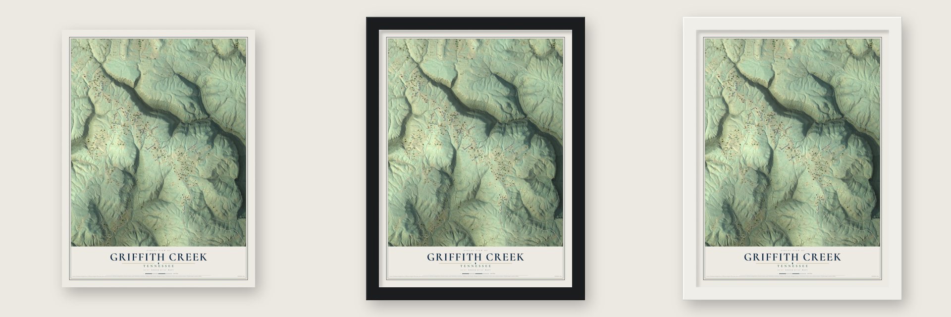 Griffith Creek, Tennessee map unframed, in a black wood frame and in a white wood frame