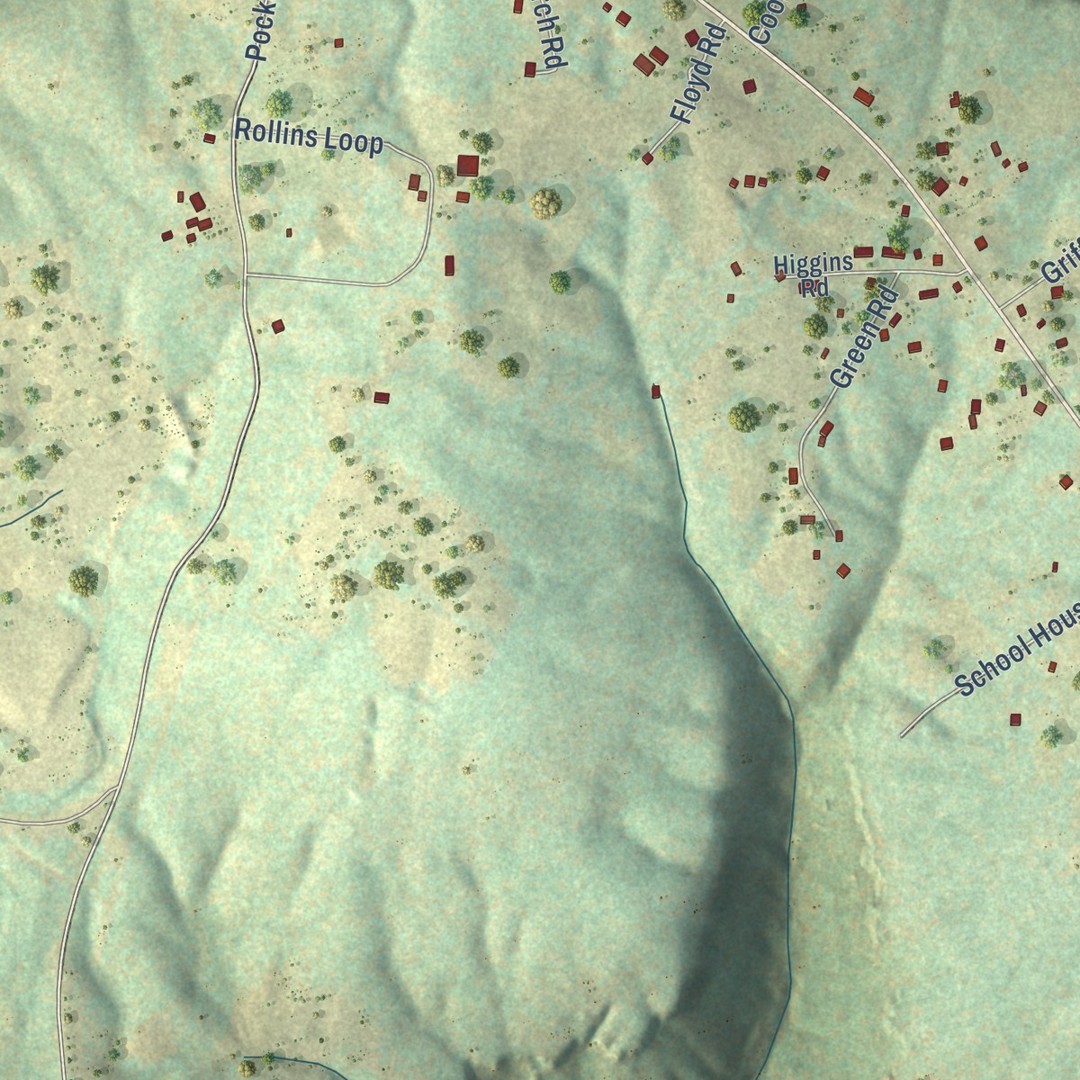 Second close-up of the map of Griffith Creek, Tennessee print showing more streets and buildings