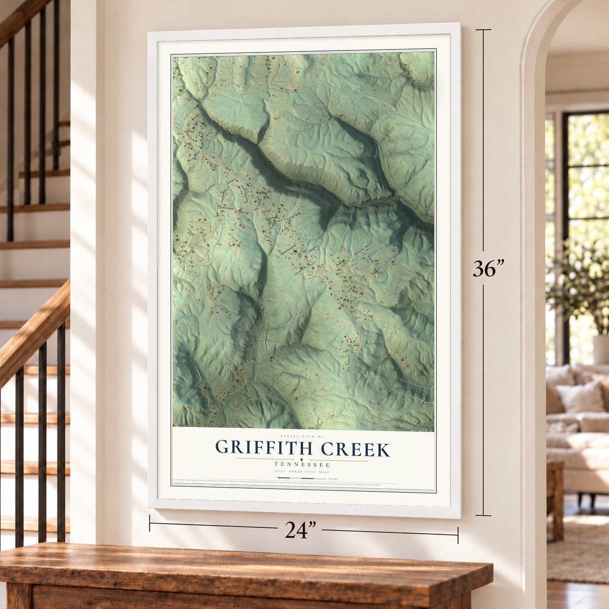 Griffith Creek, Tennessee map, 24 x 36 inch print in a white frame by a staircase