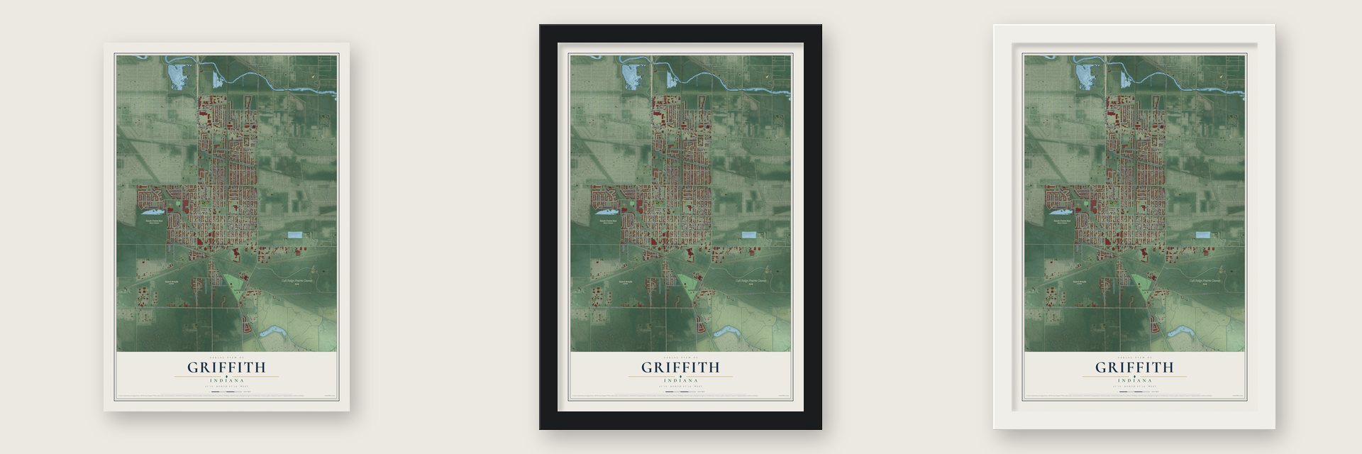 Griffith, Indiana map unframed, in a black wood frame and in a white wood frame