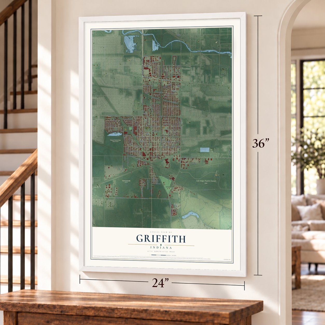 Griffith, Indiana map, 24 x 36 inch print in a white frame by a staircase