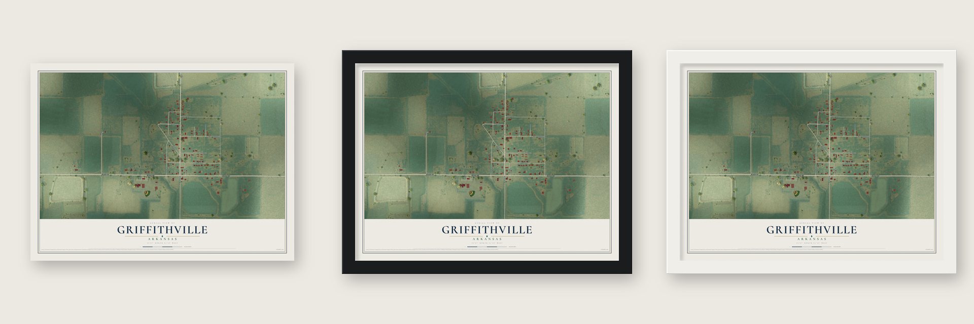 Griffithville, Arkansas map unframed, in a black wood frame and in a white wood frame