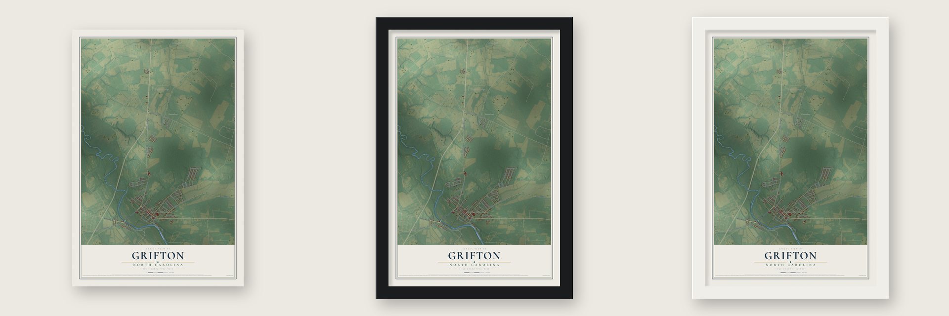 Grifton, North Carolina map unframed, in a black wood frame and in a white wood frame