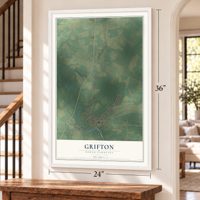 Grifton, North Carolina map, 24 x 36 inch print in a white frame by a staircase