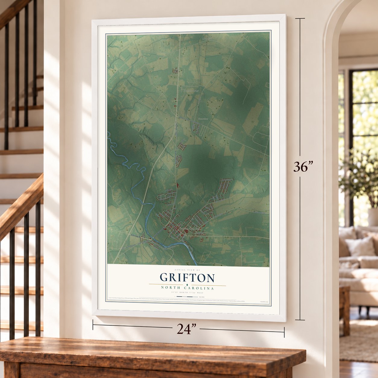 Grifton, North Carolina map, 24 x 36 inch print in a white frame by a staircase