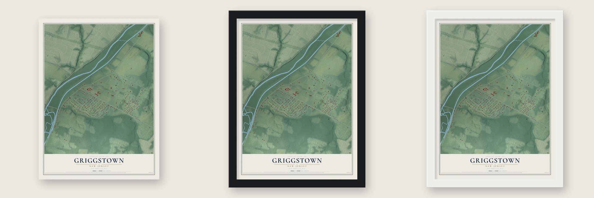 Griggstown, New Jersey map unframed, in a black wood frame and in a white wood frame