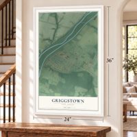 Griggstown, New Jersey map, 24 x 36 inch print in a white frame by a staircase