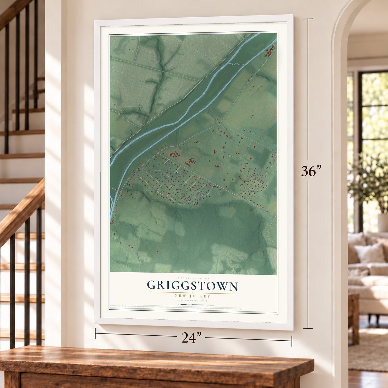 Griggstown, New Jersey map, 24 x 36 inch print in a white frame by a staircase
