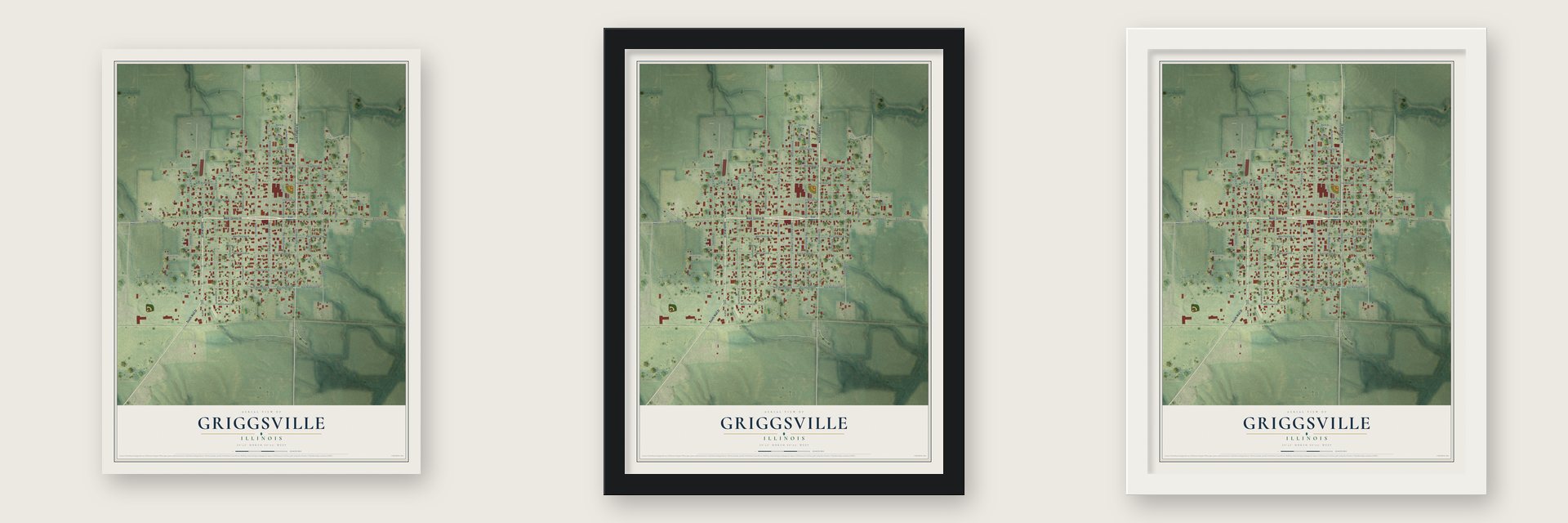Griggsville, Illinois map unframed, in a black wood frame and in a white wood frame