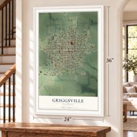 Griggsville, Illinois map, 24 x 36 inch print in a white frame by a staircase