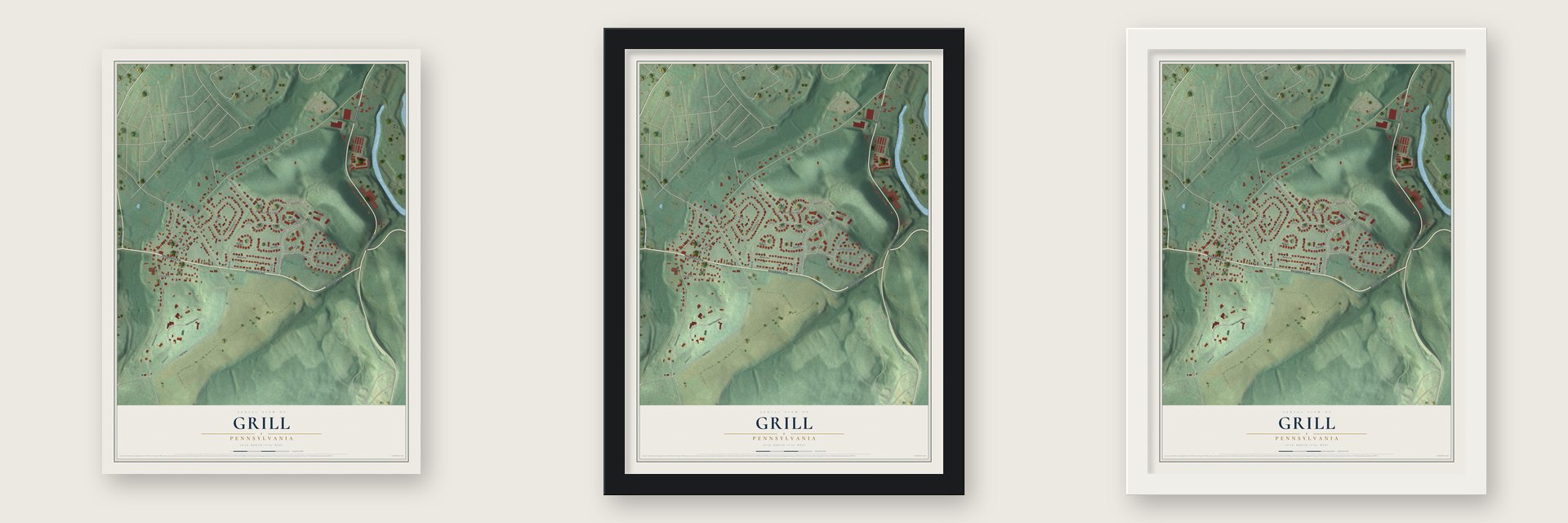 Grill, Pennsylvania map unframed, in a black wood frame and in a white wood frame