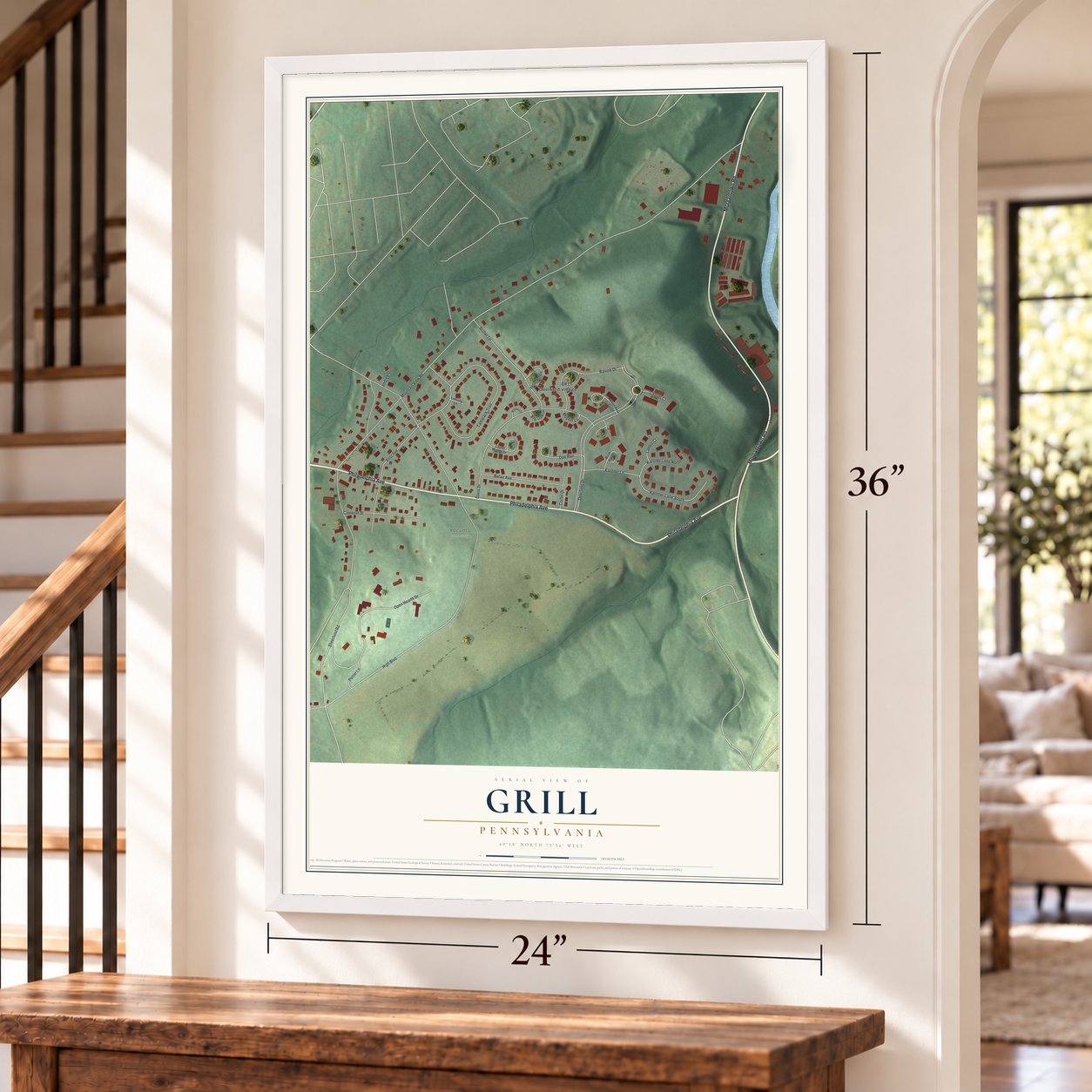Grill, Pennsylvania map, 24 x 36 inch print in a white frame by a staircase
