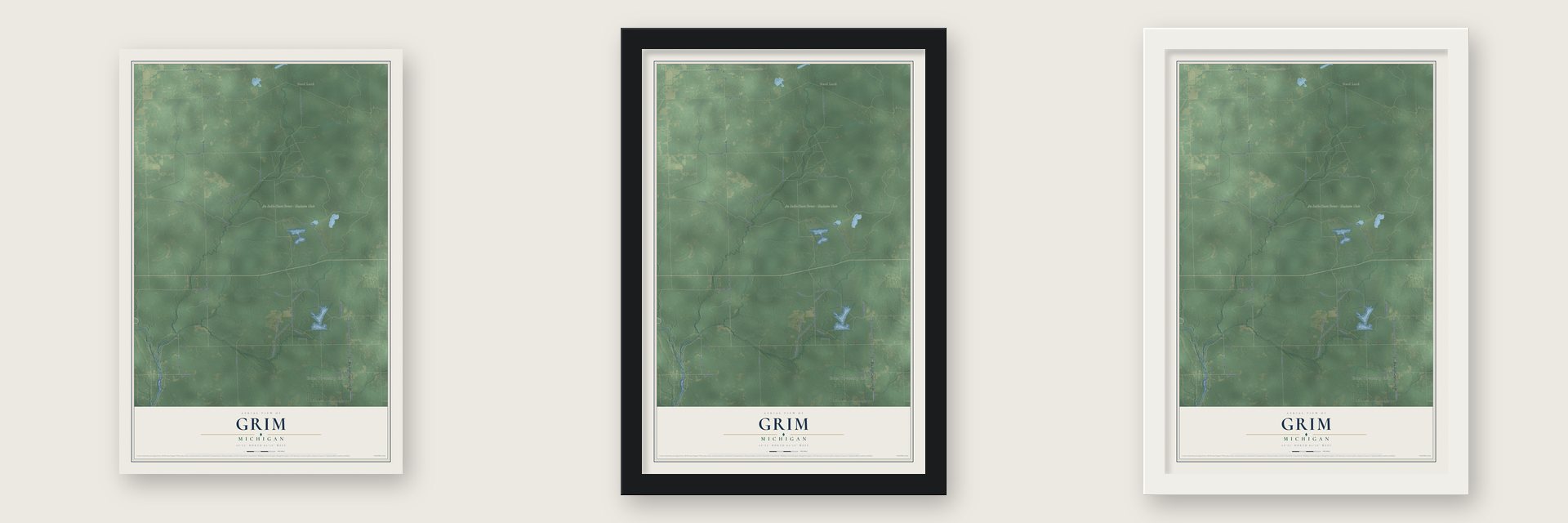Grim, Michigan map unframed, in a black wood frame and in a white wood frame