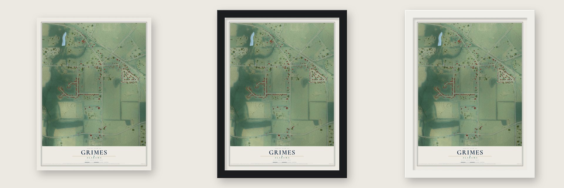 Grimes, Alabama map unframed, in a black wood frame and in a white wood frame