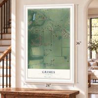 Grimes, Alabama map, 24 x 36 inch print in a white frame by a staircase