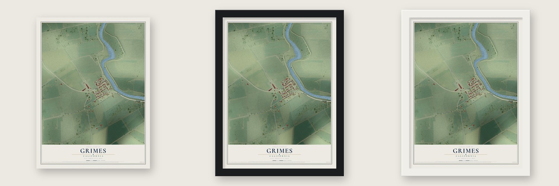 Grimes, California map unframed, in a black wood frame and in a white wood frame
