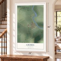 Grimes, California map, 24 x 36 inch print in a white frame by a staircase