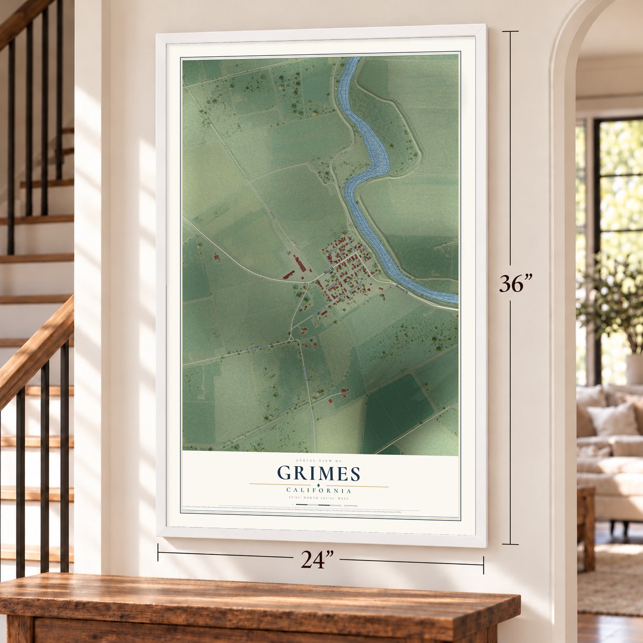 Grimes, California map, 24 x 36 inch print in a white frame by a staircase