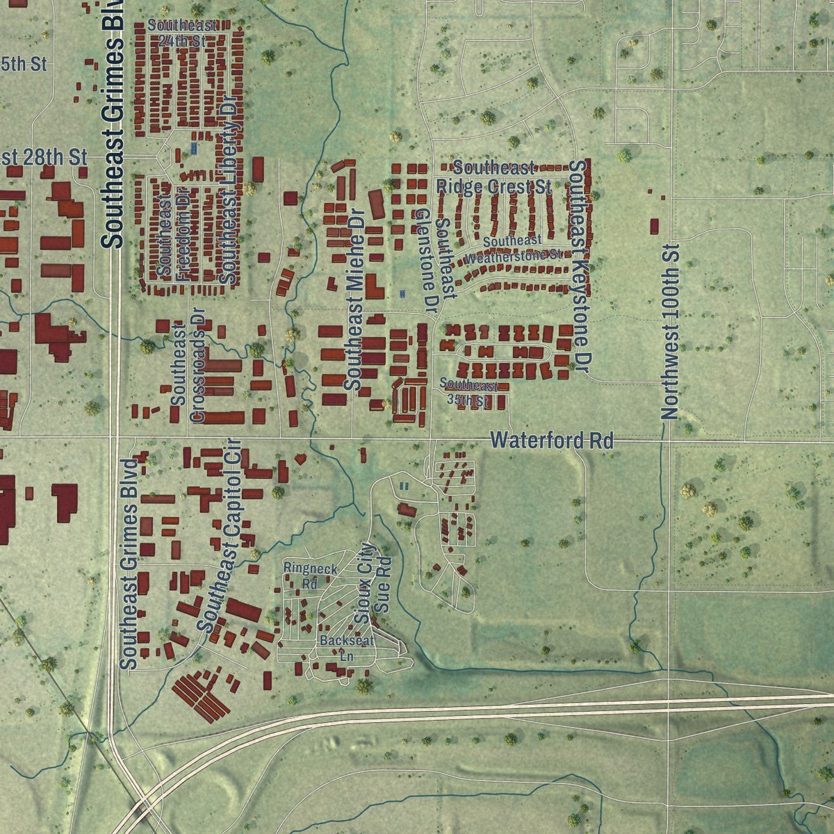 Second close-up of the map of Grimes, Iowa print showing more streets and buildings