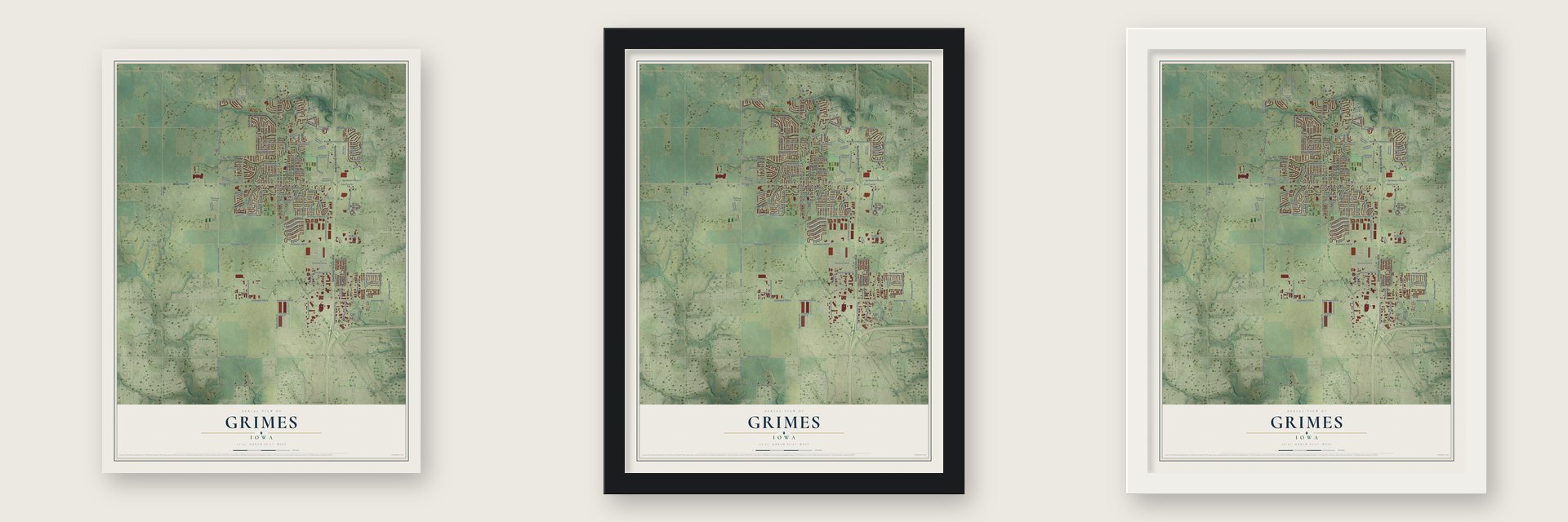 Grimes, Iowa map unframed, in a black wood frame and in a white wood frame
