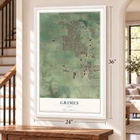 Grimes, Iowa map, 24 x 36 inch print in a white frame by a staircase