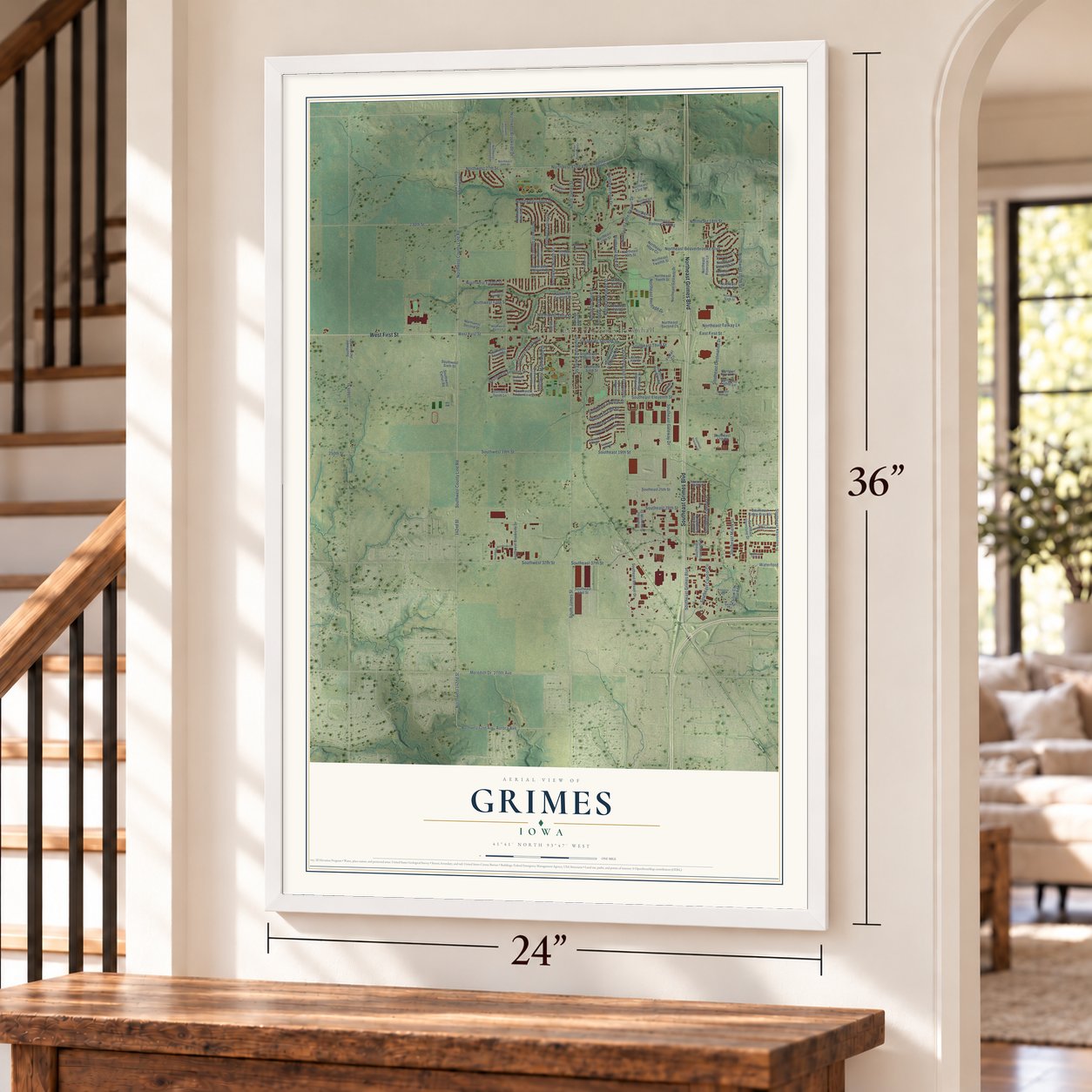 Grimes, Iowa map, 24 x 36 inch print in a white frame by a staircase