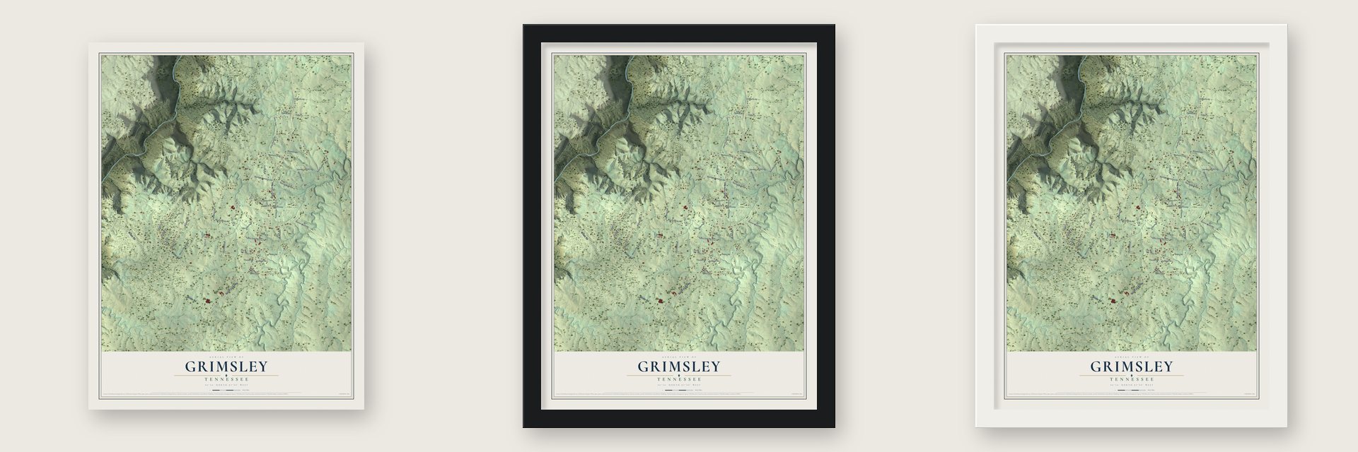 Grimsley, Tennessee map unframed, in a black wood frame and in a white wood frame