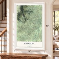 Grimsley, Tennessee map, 24 x 36 inch print in a white frame by a staircase
