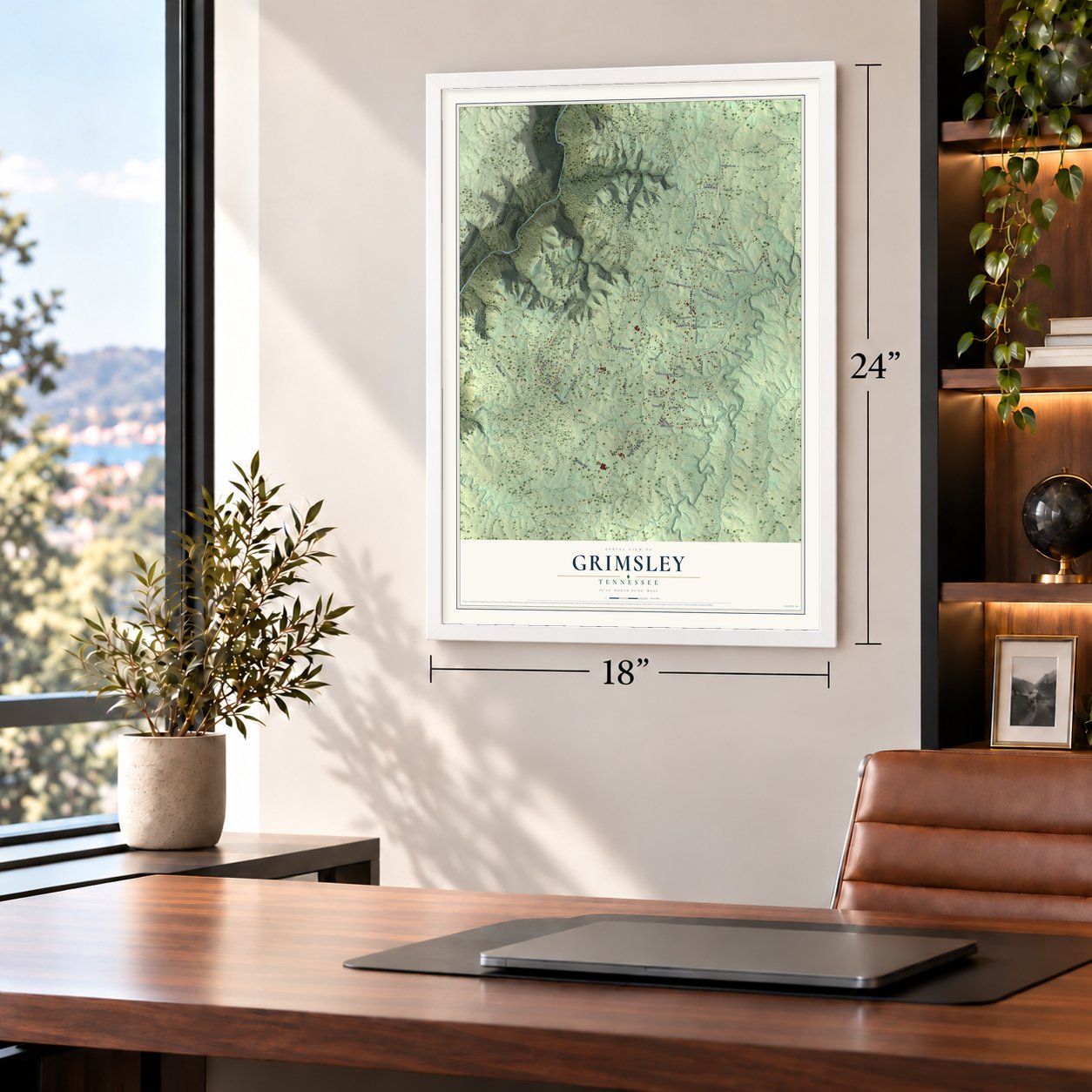 Grimsley, Tennessee map, 18 x 24 inch print in a white frame in a home office