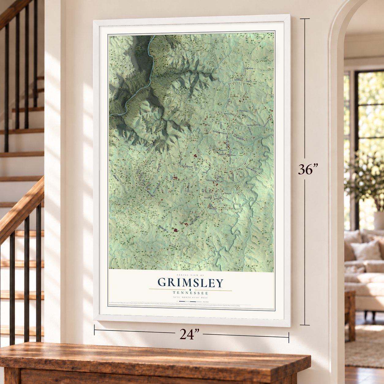 Grimsley, Tennessee map, 24 x 36 inch print in a white frame by a staircase