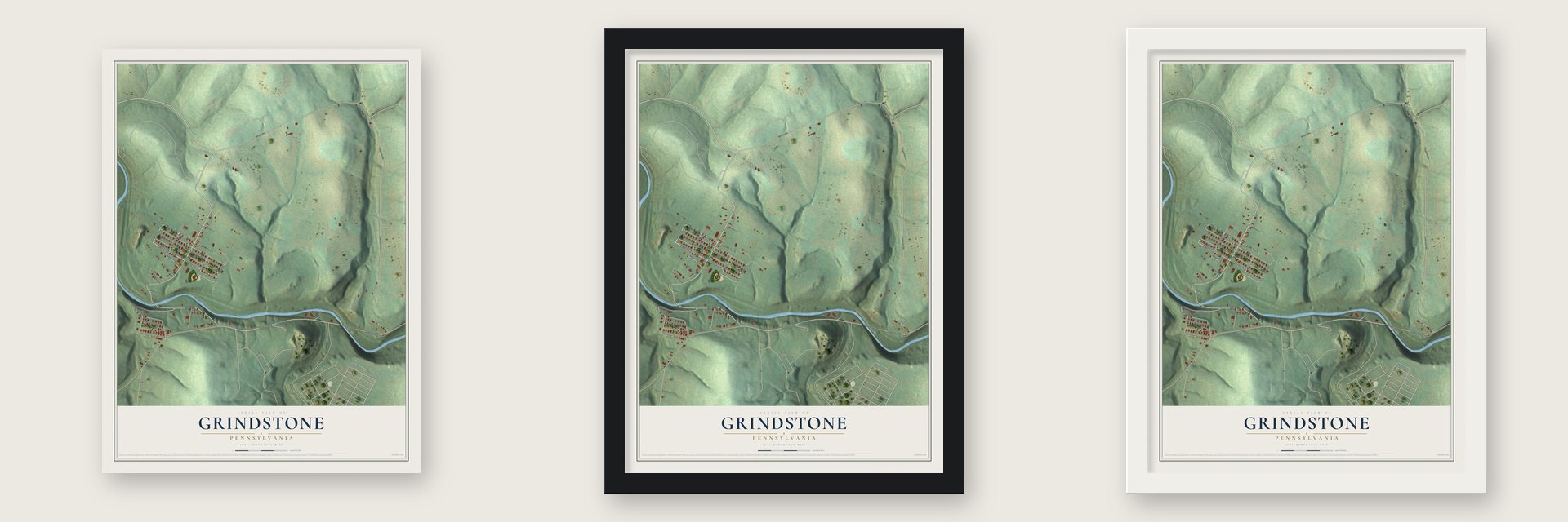 Grindstone, Pennsylvania map unframed, in a black wood frame and in a white wood frame