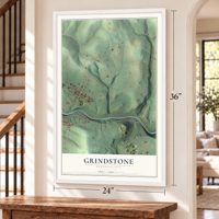 Grindstone, Pennsylvania map, 24 x 36 inch print in a white frame by a staircase