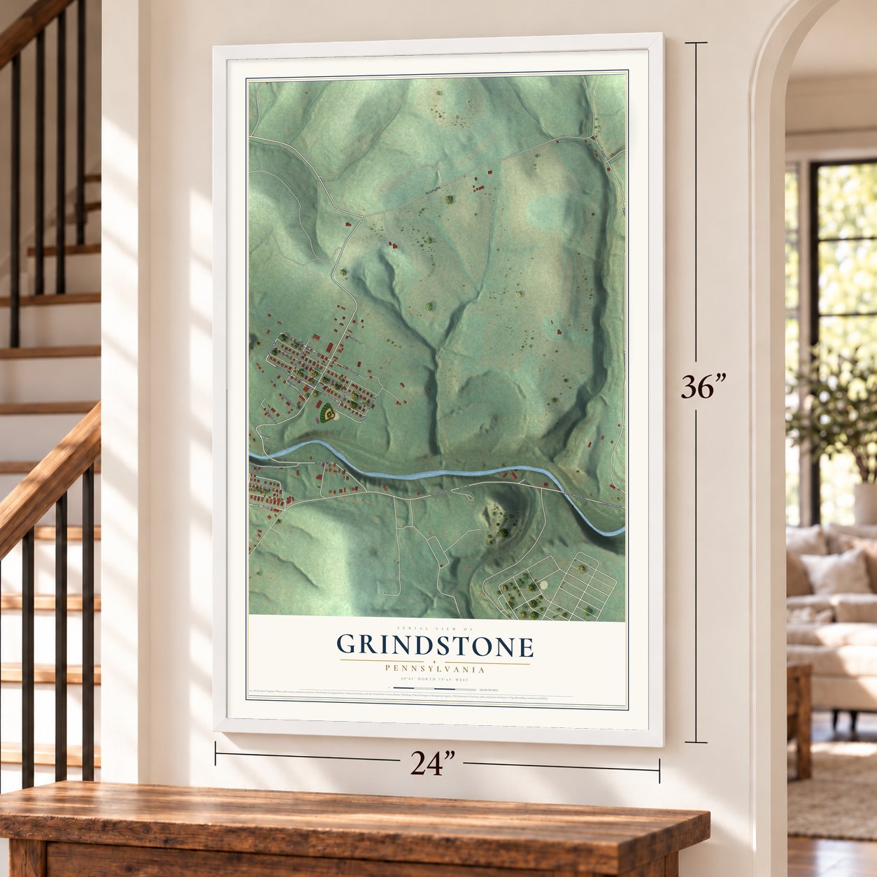 Grindstone, Pennsylvania map, 24 x 36 inch print in a white frame by a staircase