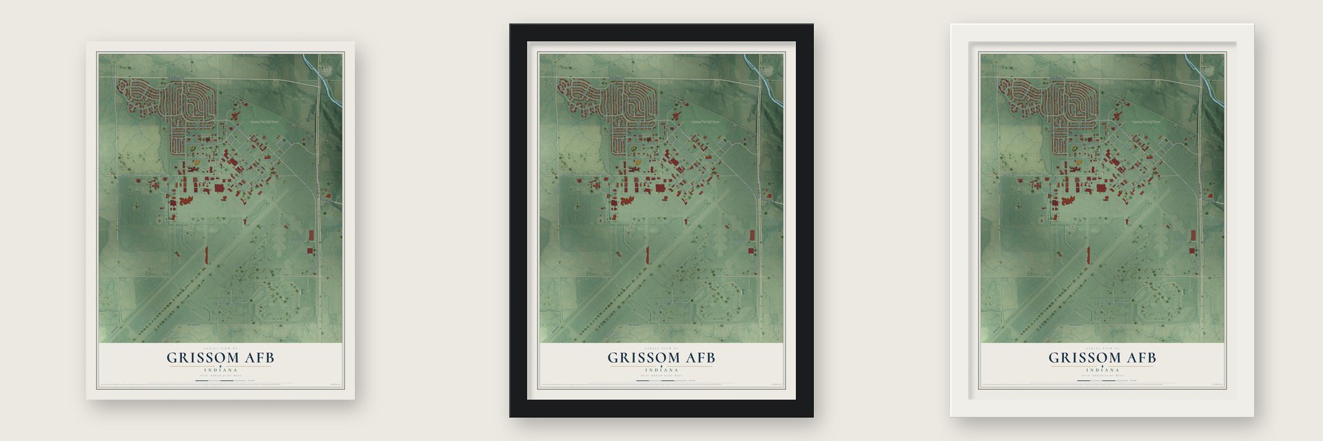 Grissom AFB, Indiana map unframed, in a black wood frame and in a white wood frame